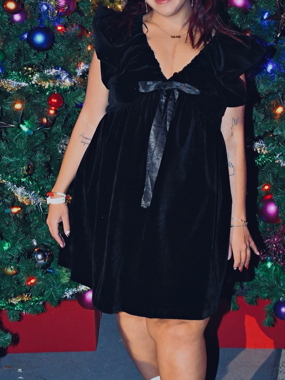 Endless Rose Black Velvet Mini Dress with Bow Detail